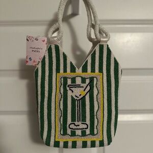 Green Martini Striped Beaded Tote Bag